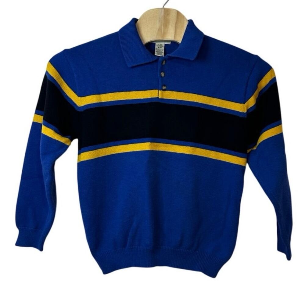 Eddie Bauer VTG Long Sleeve Knit Polo Sweater Size M Striped Blue Black‎ Yellow